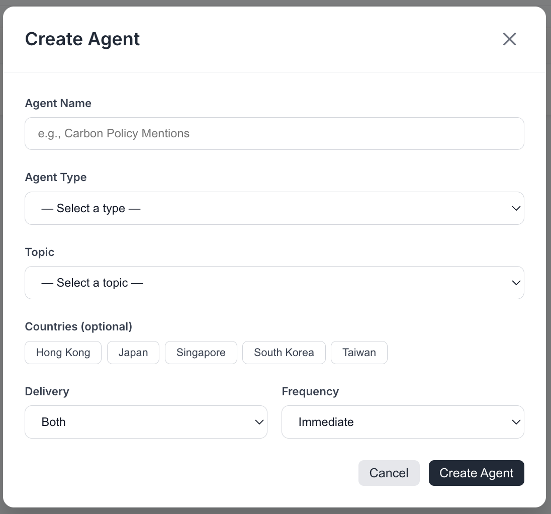 Create Agent interface preview showing agent name, type, topic, country selection, delivery and frequency options