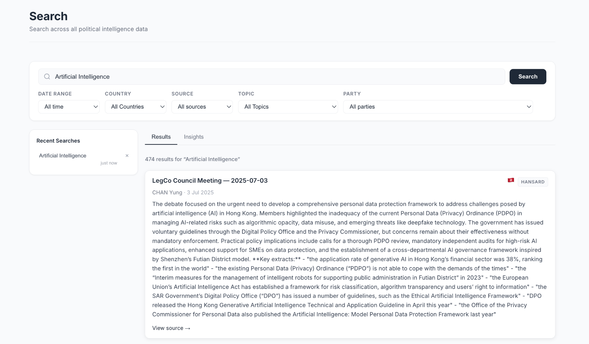 Search interface preview showing political intelligence search across Hansard, with filters for date, country, source, topic, and party